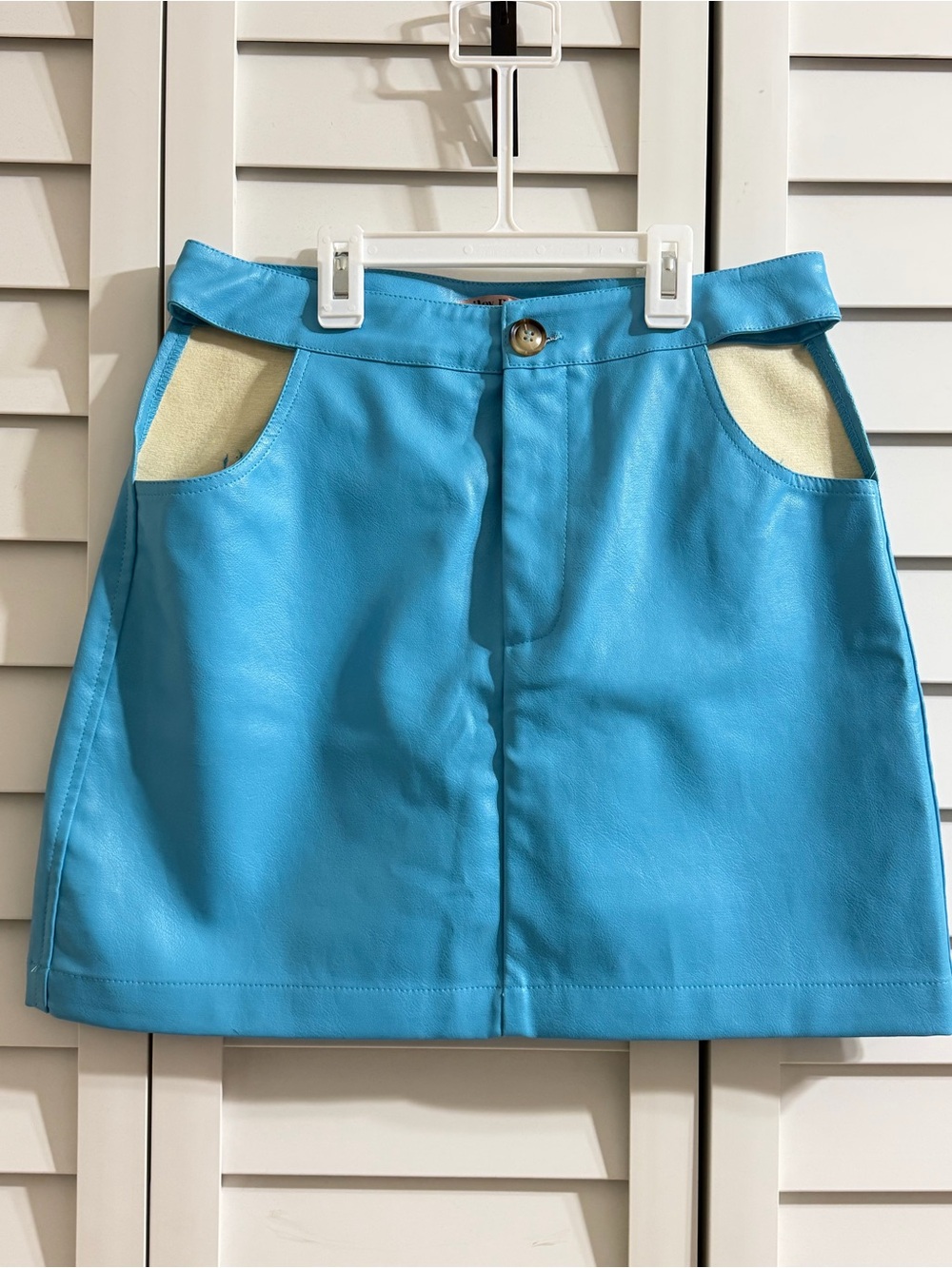 Blue Faux Leather A-Line Mini Skirt with cutouts